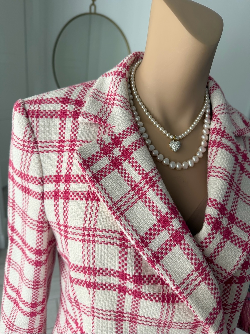 ZARA Pink & White Plaid Tweed Blazer + Matching Mini Skirt Set – Size L Like New - Picture 3 of 14